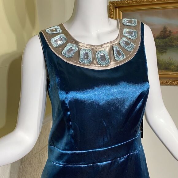 BCBG MAXAZRIA Blue Satin & Jewel Embellished Collar Cocktail Party Dress - Picture 6 of 11